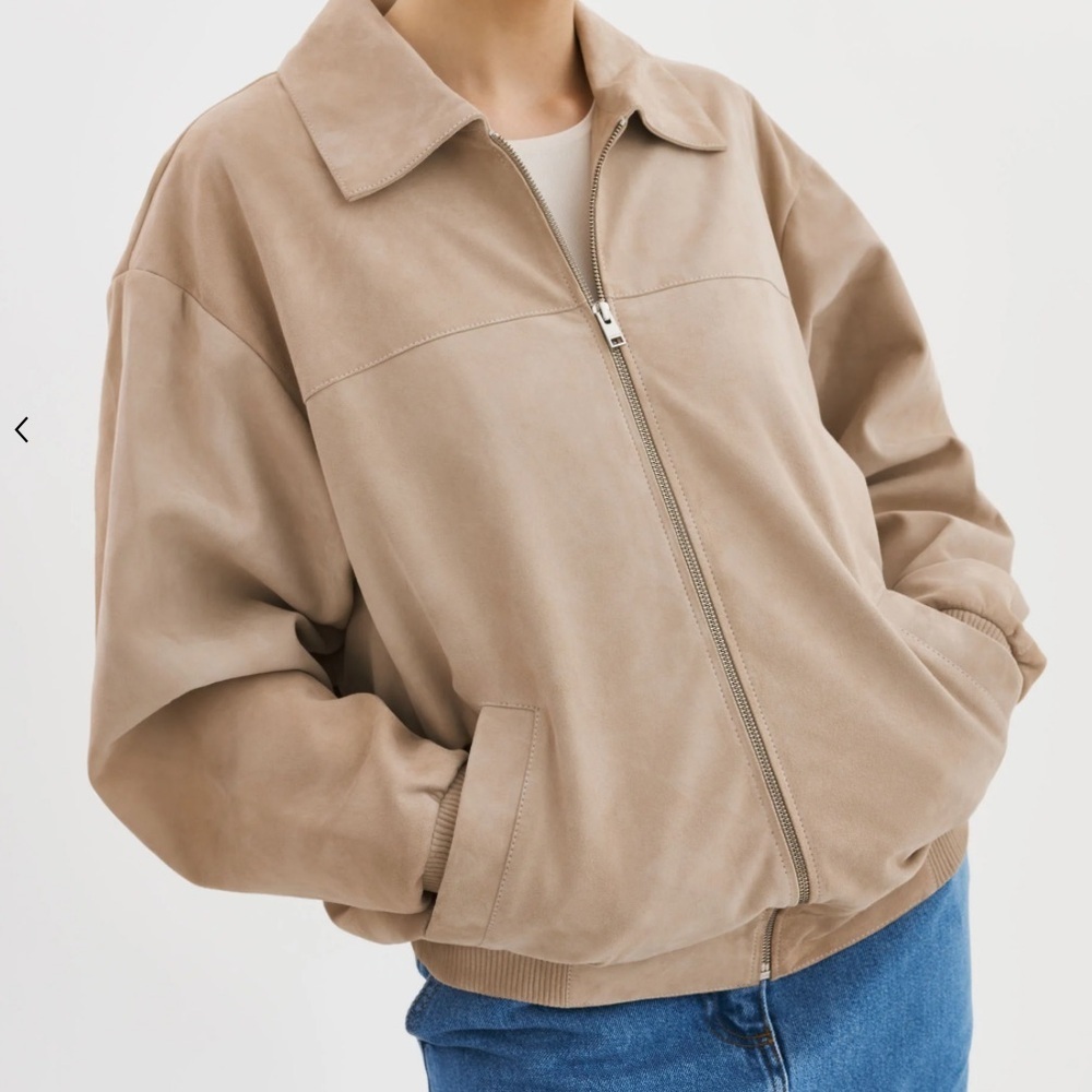 LaMarque Caden Suede Oversized Bomber Jacket Goatskin in “Sand” Tan - Picture 3 of 12